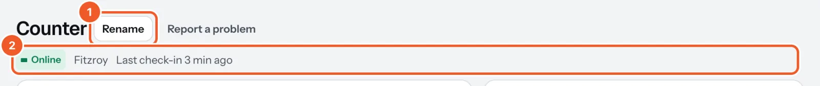 The top of a screen’s page: its name with Rename (marked 1), and Online, its location and last check-in (marked 2).