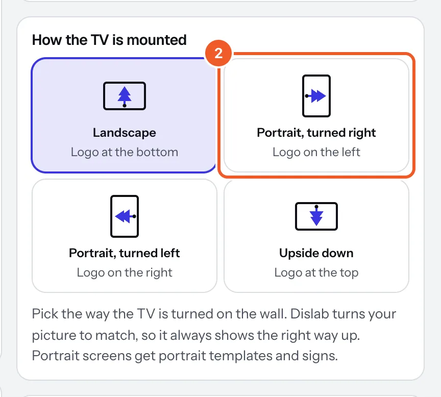 How the TV is mounted: Landscape, Portrait turned right (marked 2), Portrait turned left and Upside down, each saying where the TV’s logo ends up.