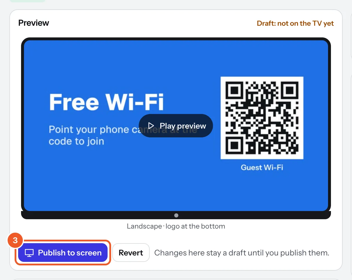 The screen's preview showing the new picture, with Publish to screen marked 3.