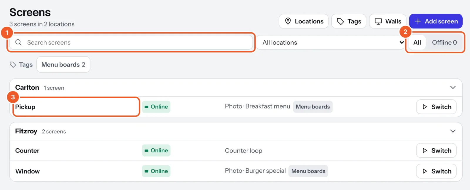 The Screens page: search (marked 1), the All and Offline filter (marked 2), and screens grouped by location with a screen’s name marked 3.