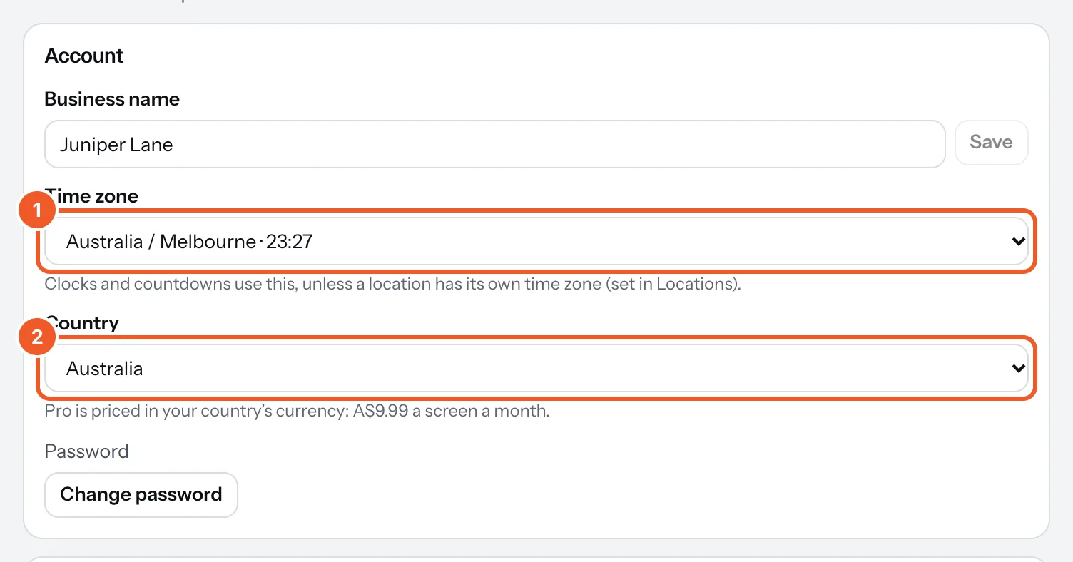The Account card in Settings: the business name, the Time zone with the time there now (1), the Country (2), and Change password.