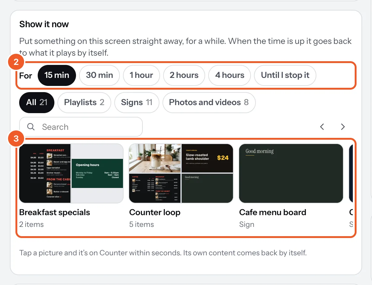 Show it now on a screen’s page: how long (marked 2) and the pictures to tap (marked 3).
