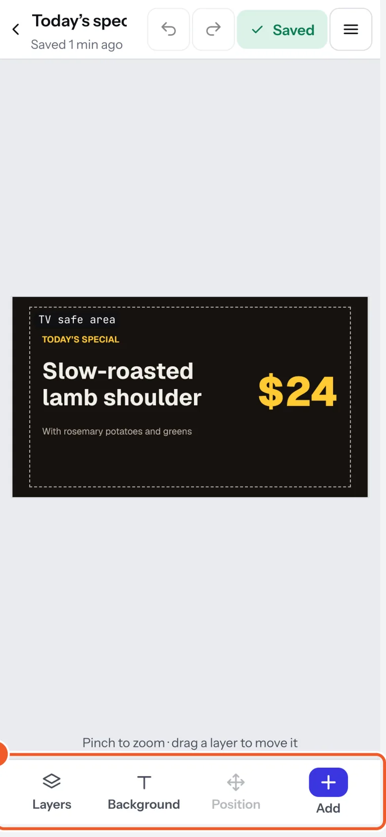 The sign designer on a phone: the sign full width, and the tool bar along the bottom with Layers, Style, Position and Add (1).