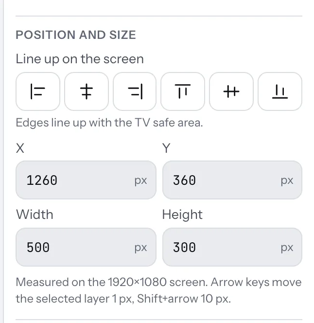 Position and size: X, Y, Width and Height in pixels.