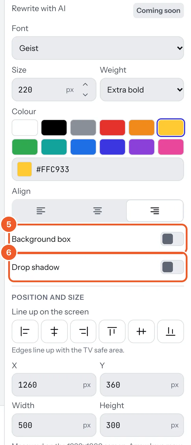 Text settings: Background box marked 5 and Drop shadow marked 6.