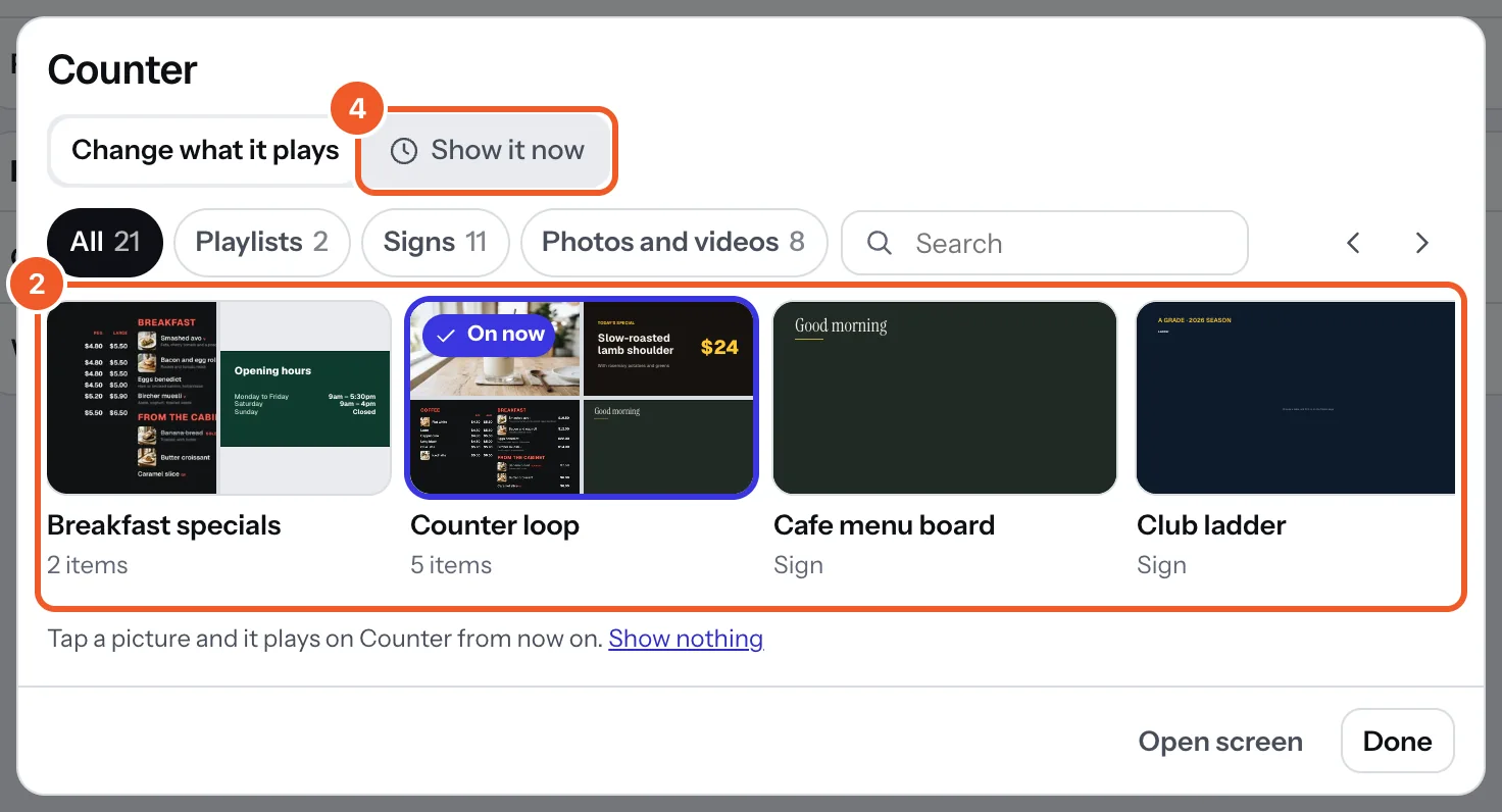 The Switch box for Counter: Change what it plays, pictures of playlists and signs to tap (marked 2), and Show it now (marked 4).