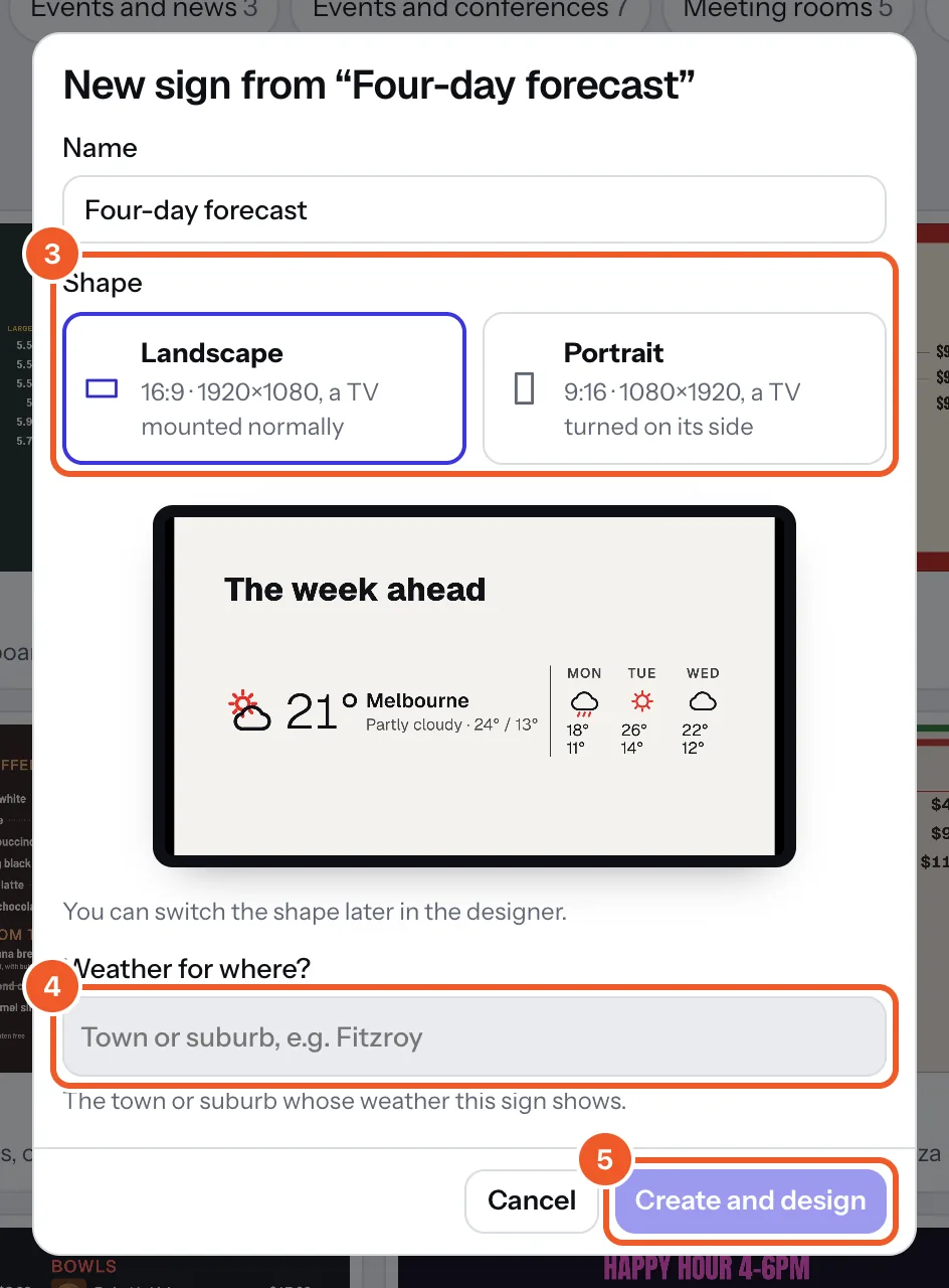 Making a sign from the Four-day forecast template: the shape marked 3, the town search marked 4, and Create and design marked 5.