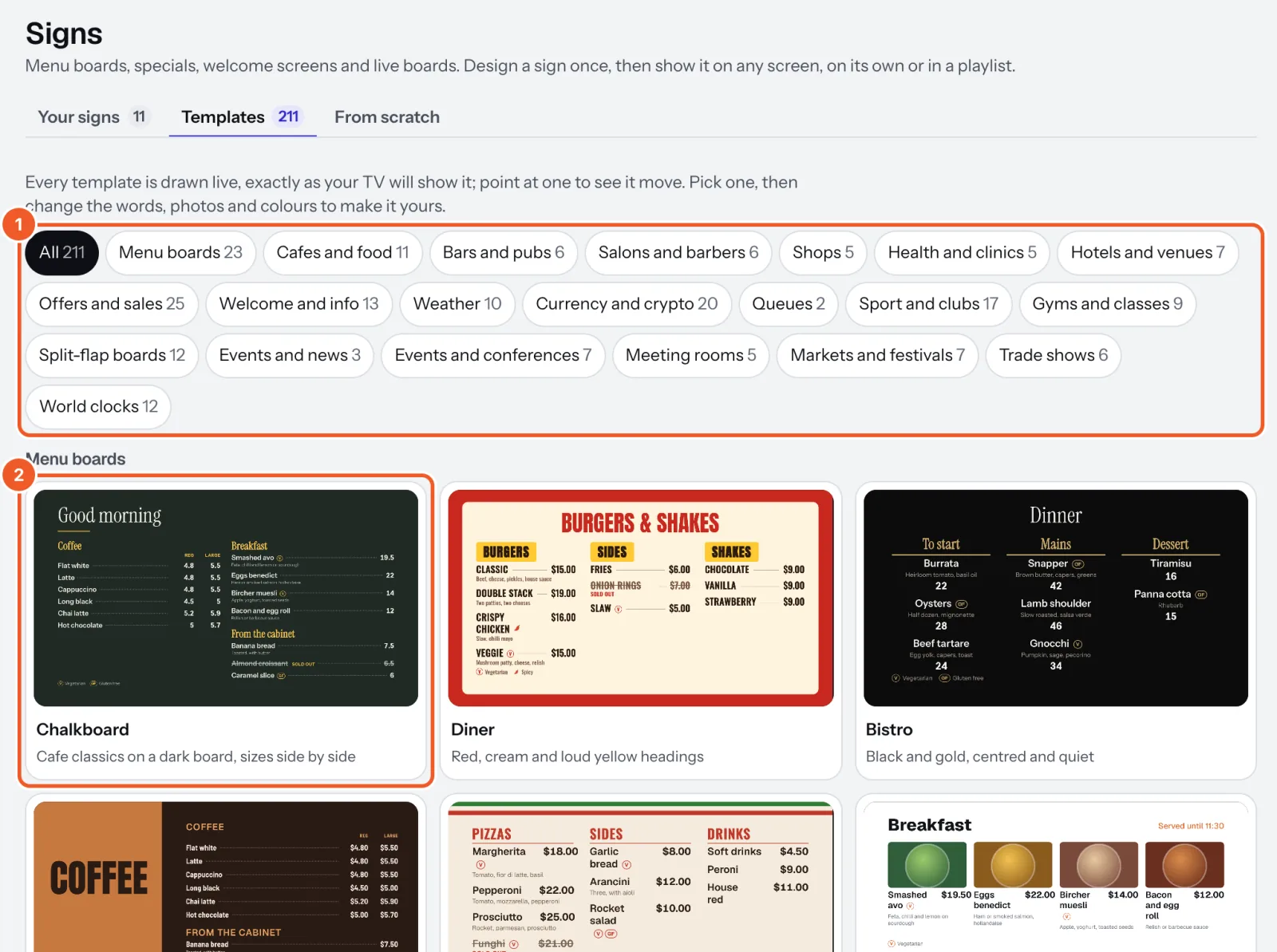 The Templates tab: the kinds of template marked 1 and the first template marked 2.