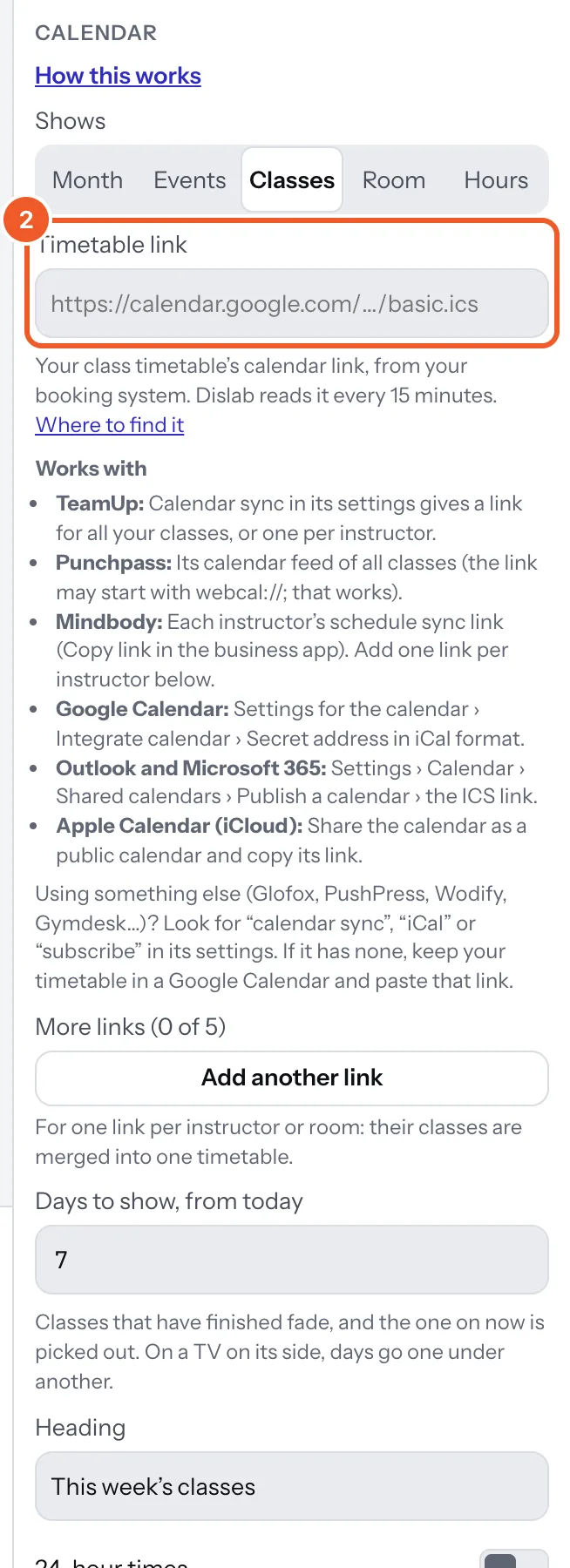 Class timetable settings: Timetable link marked 2, with the list of booking systems it works with underneath.
