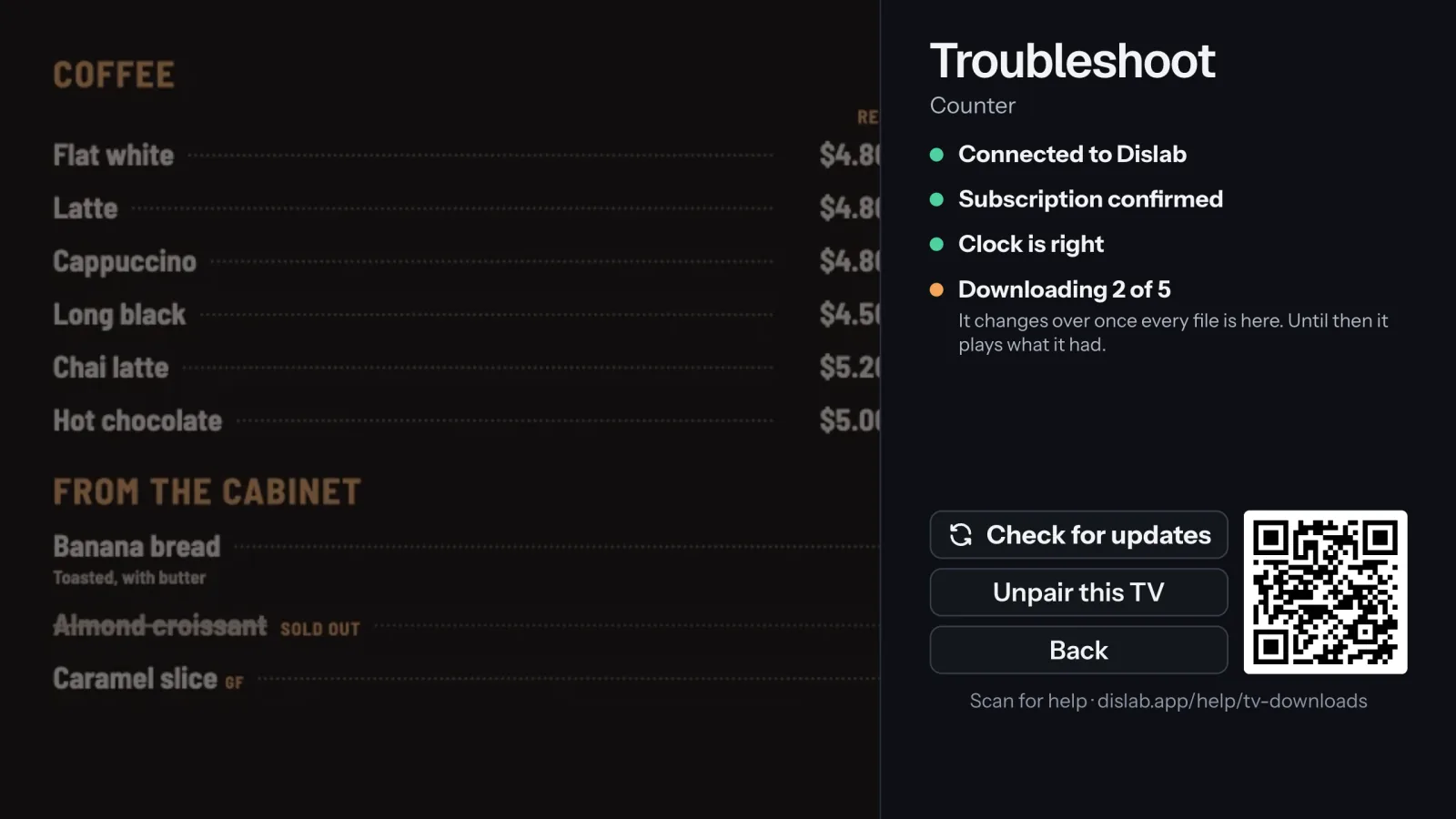 Troubleshoot on the TV: Downloading 2 of 5 in orange; it changes over once every file is here.
