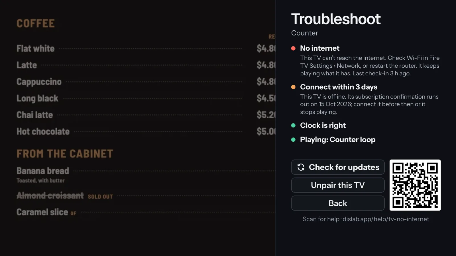 Troubleshoot on a TV with no internet: No internet in red, with what to check, and Connect within a few days in orange.