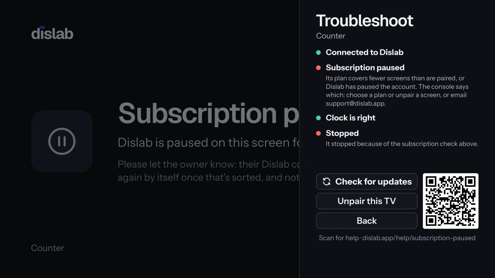 Troubleshoot on a paused TV: Subscription paused and Stopped in red, with what to do.