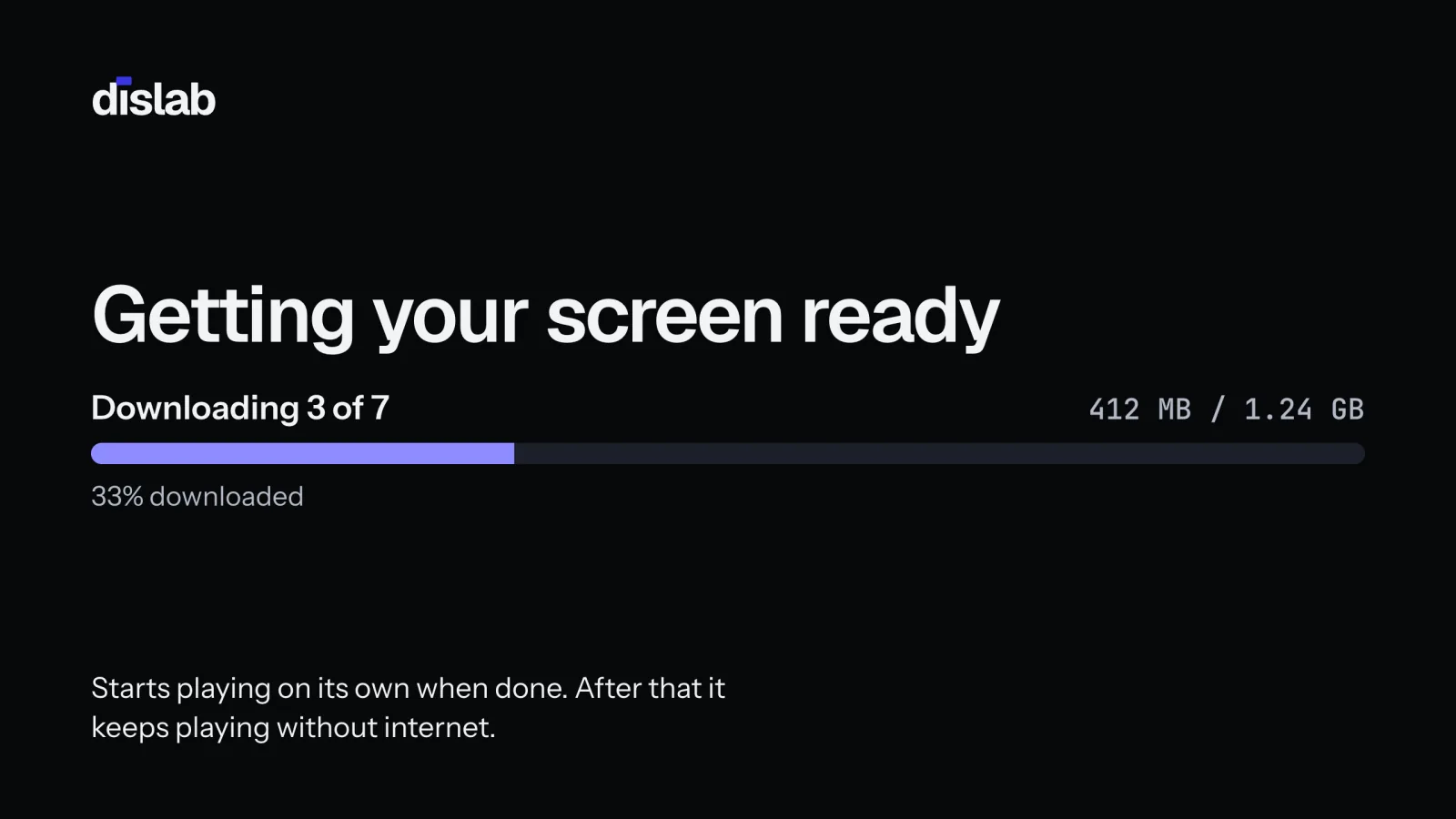 The TV’s full screen: Getting your screen ready, downloading 3 of 7, with a progress bar.