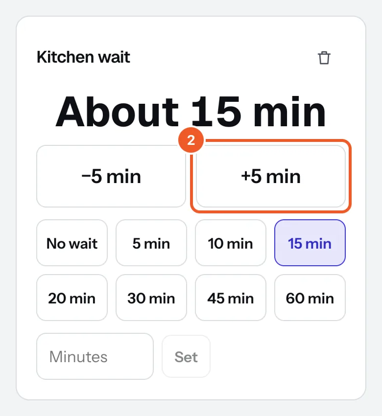 A wait on the Now serving page on a phone, About 15 min, with +5 min marked 2.