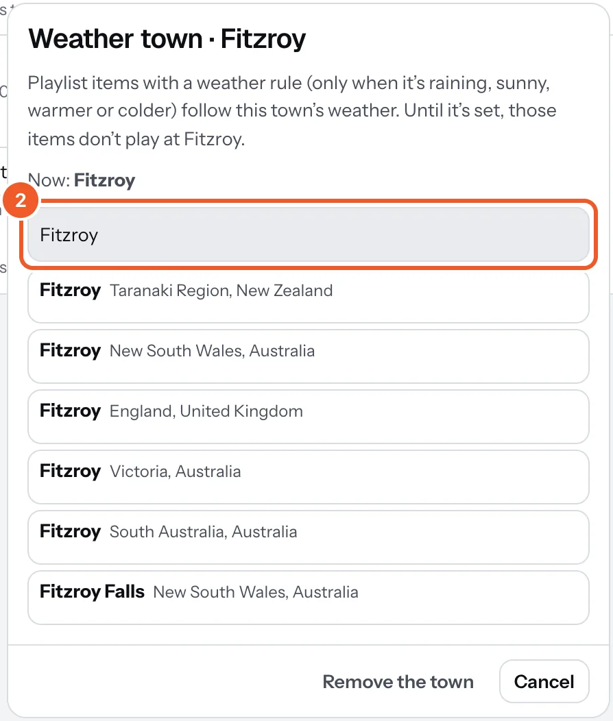 Weather town for Fitzroy: Fitzroy typed in the search (2), with matching towns in several countries to pick from.
