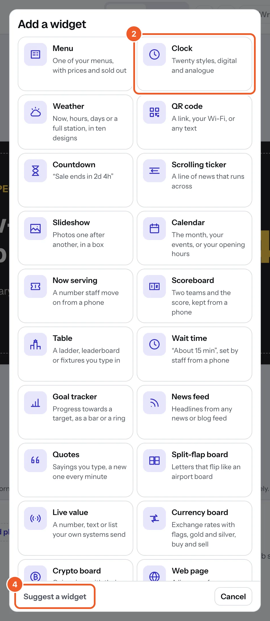 The Add a widget list, with Clock marked 2 and Suggest a widget marked 4.