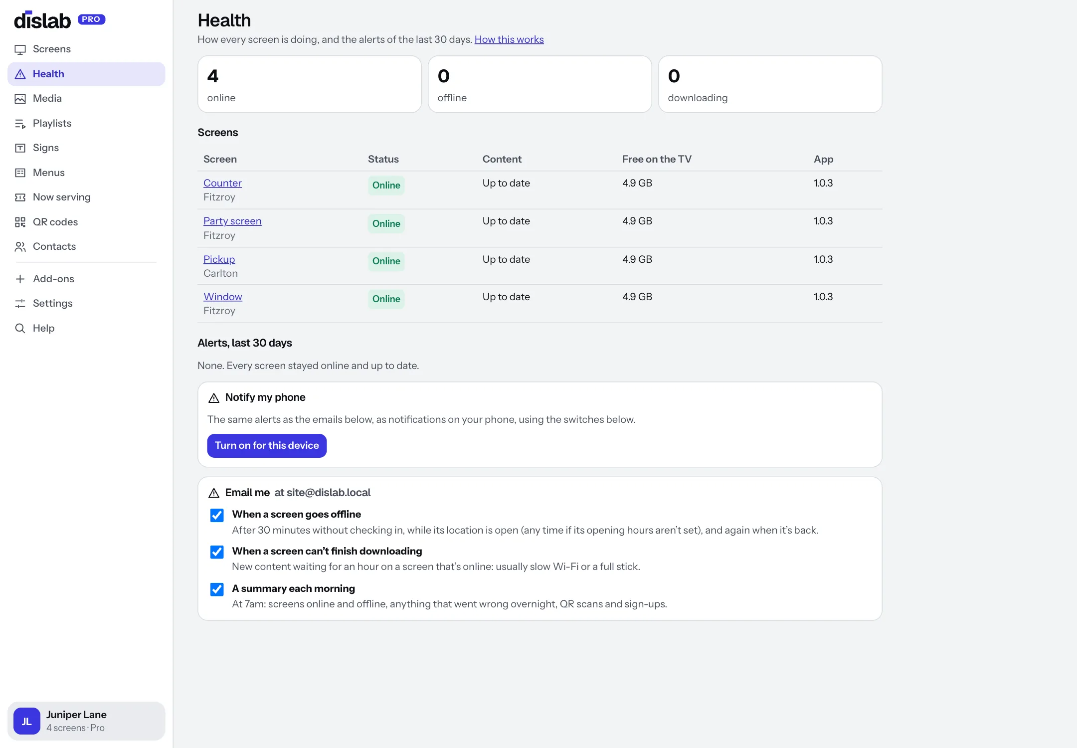 The Health page: three screens online, one offline with an alert