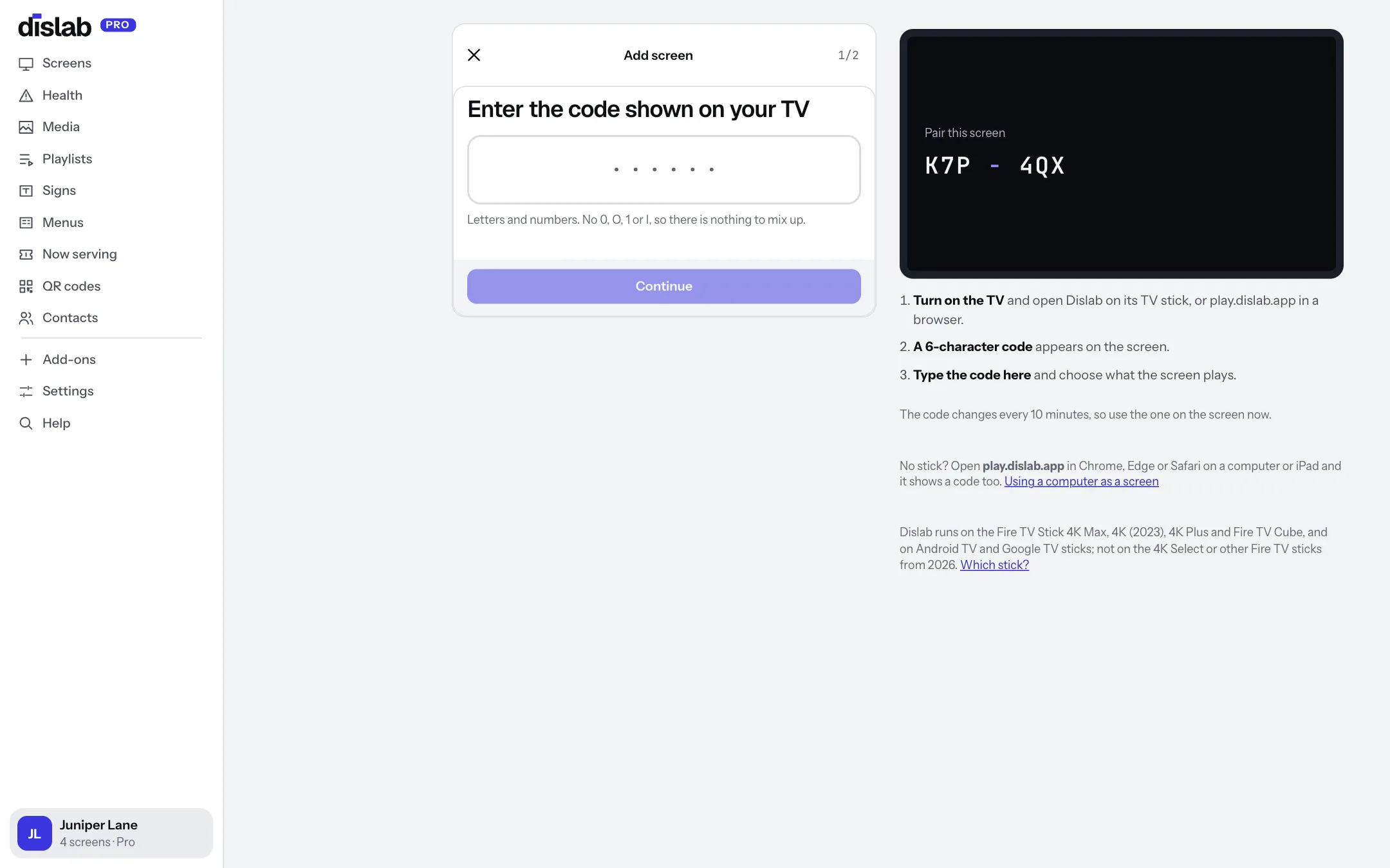The Add screen page in the console, asking for the code shown on the TV