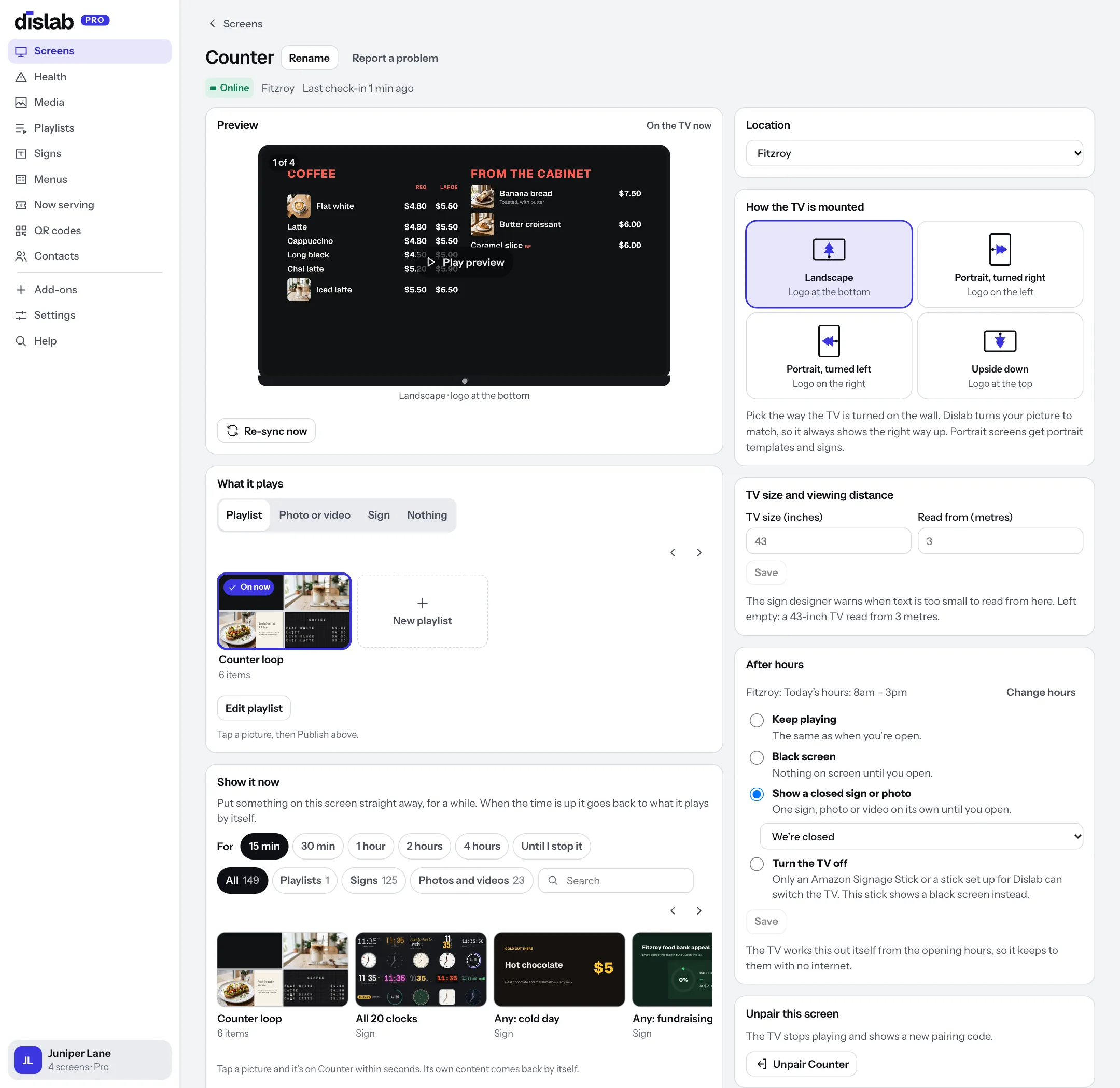 A screen’s page: preview, what it plays, the TV now, tags and device details