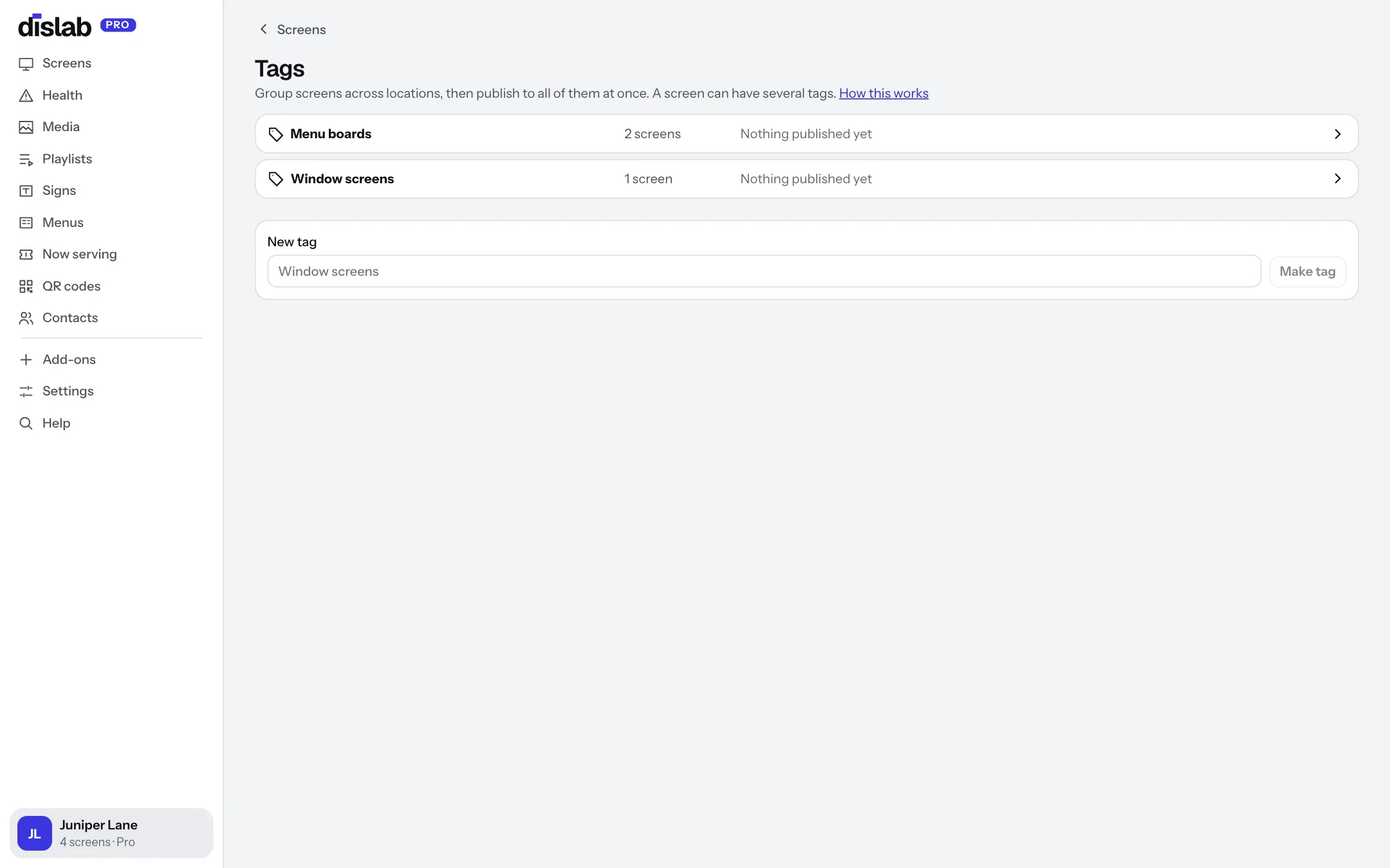 The Tags page with Menu boards and Window screens