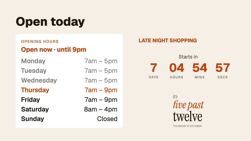 Opening hours and a countdown