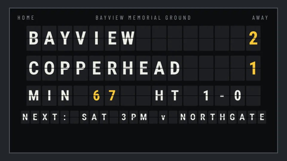 A split-flap soccer scoreboard