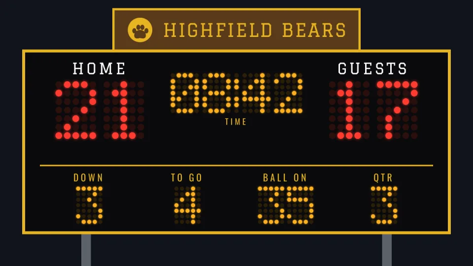 An American football scoreboard in bulbs