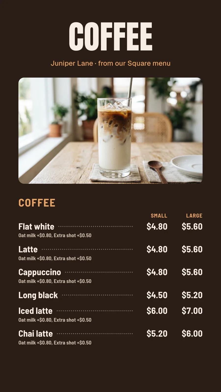 Coffee list in portrait