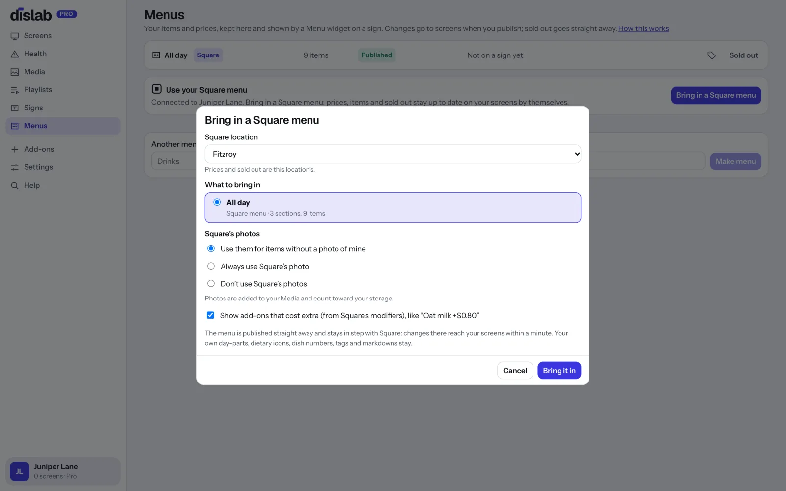 The Bring in a Square menu dialog in Dislab: a Square location, an All day menu with 3 sections and 9 items, photo and add-on choices