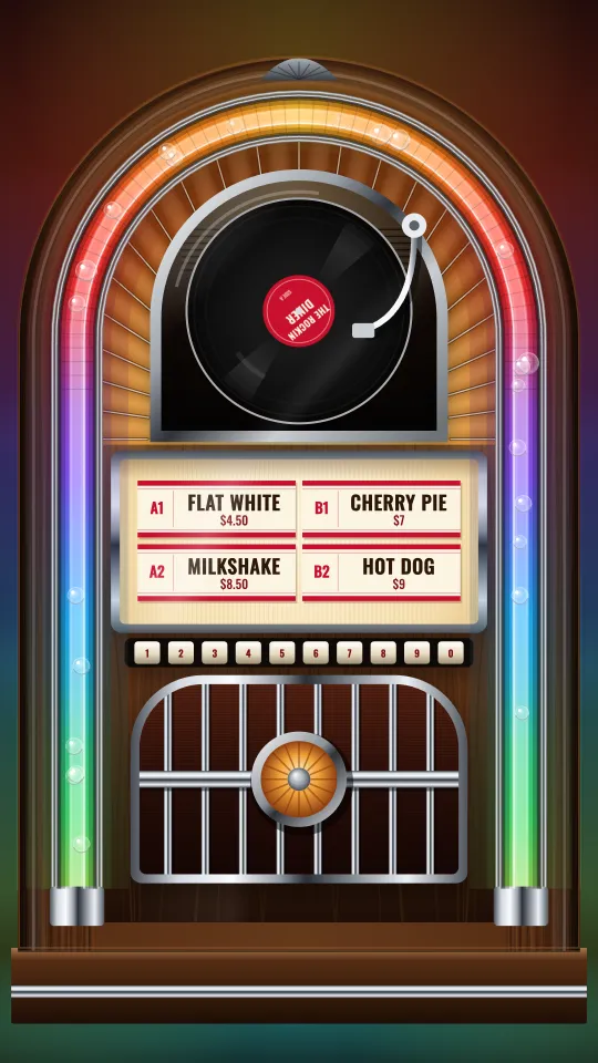 A whole jukebox, lit up, on a portrait screen