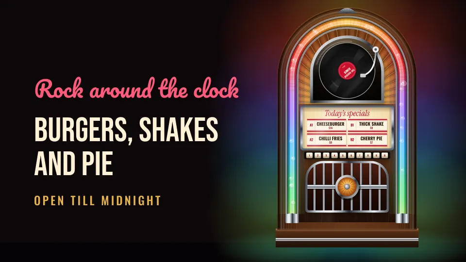 A diner jukebox with shakes and burgers on its song cards