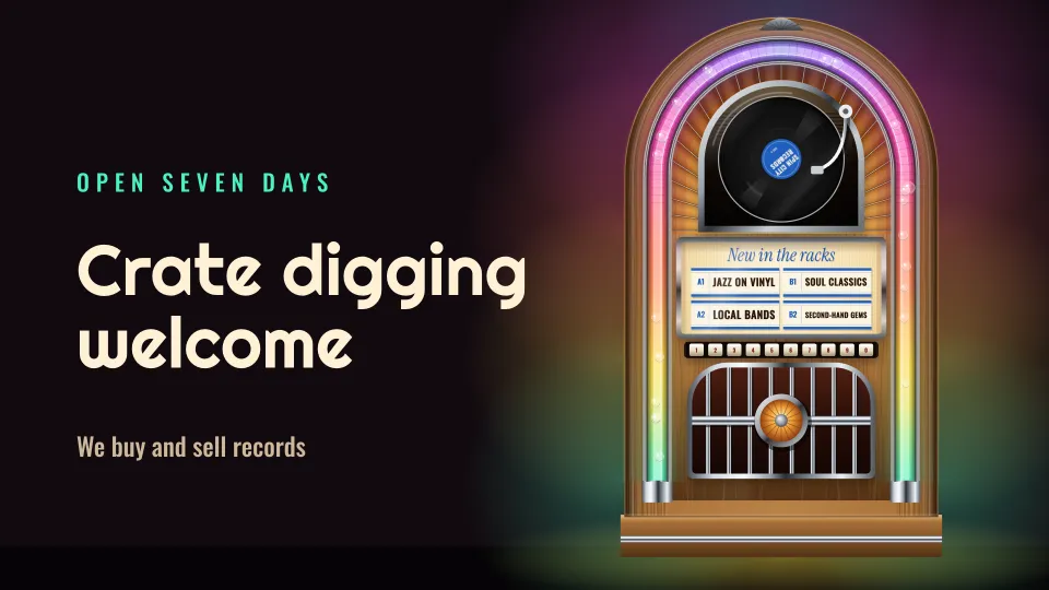 A record shop jukebox with a record in the window