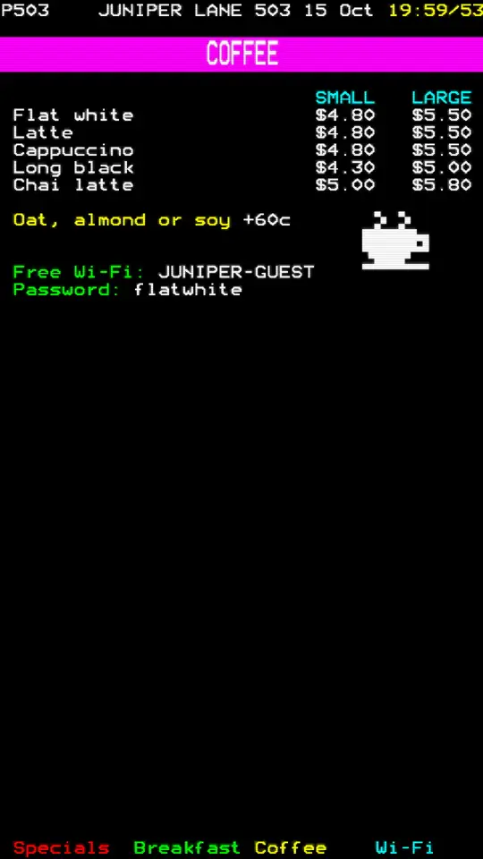 Cafe specials, on a portrait screen