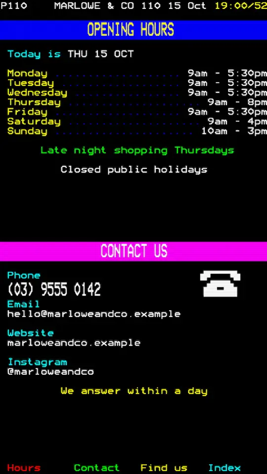 Hours and contact, on a portrait screen
