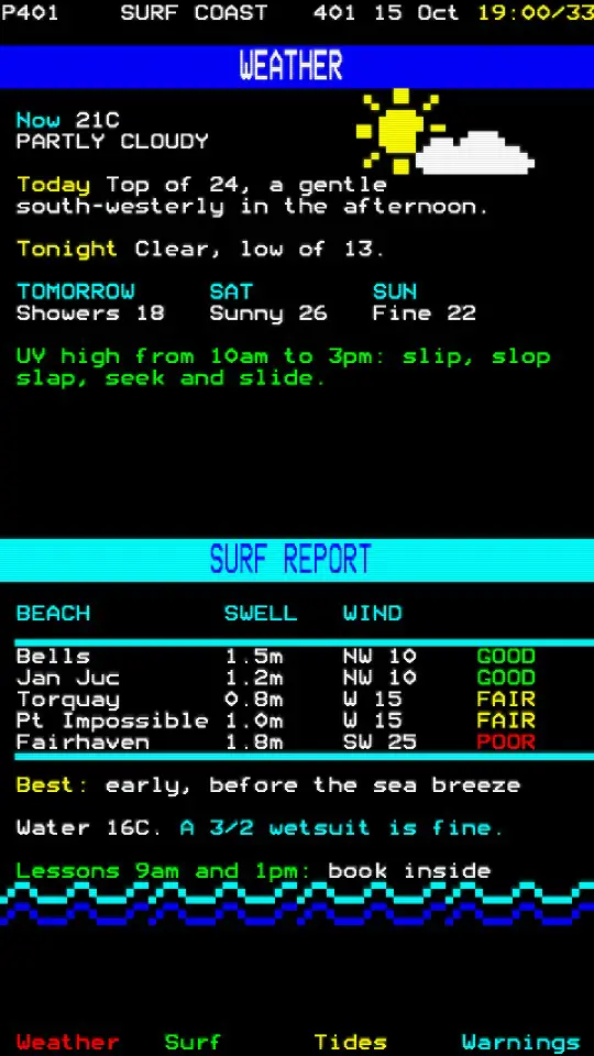 Weather and surf, on a portrait screen