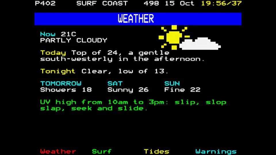 A weather page with a sun and cloud drawn in blocks